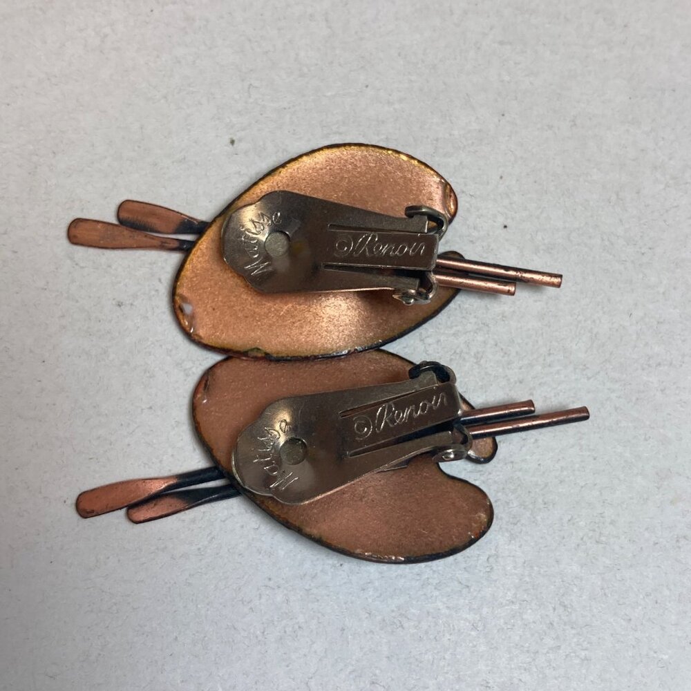 Renoir Matisse Copper Artist Pallet Vintage Clip On Earrings Paintbrush Art Deco - Picture 2 of 8